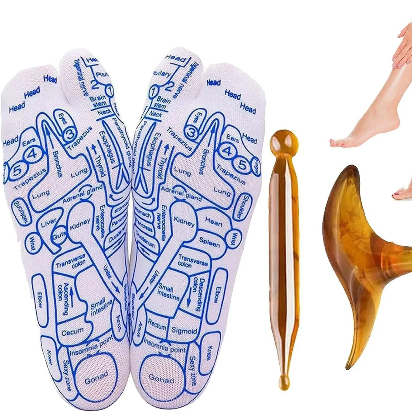 Kit Ritual Pies: 2 pares de calcetines con mapa de reflexología y 2 herramientas de masaje